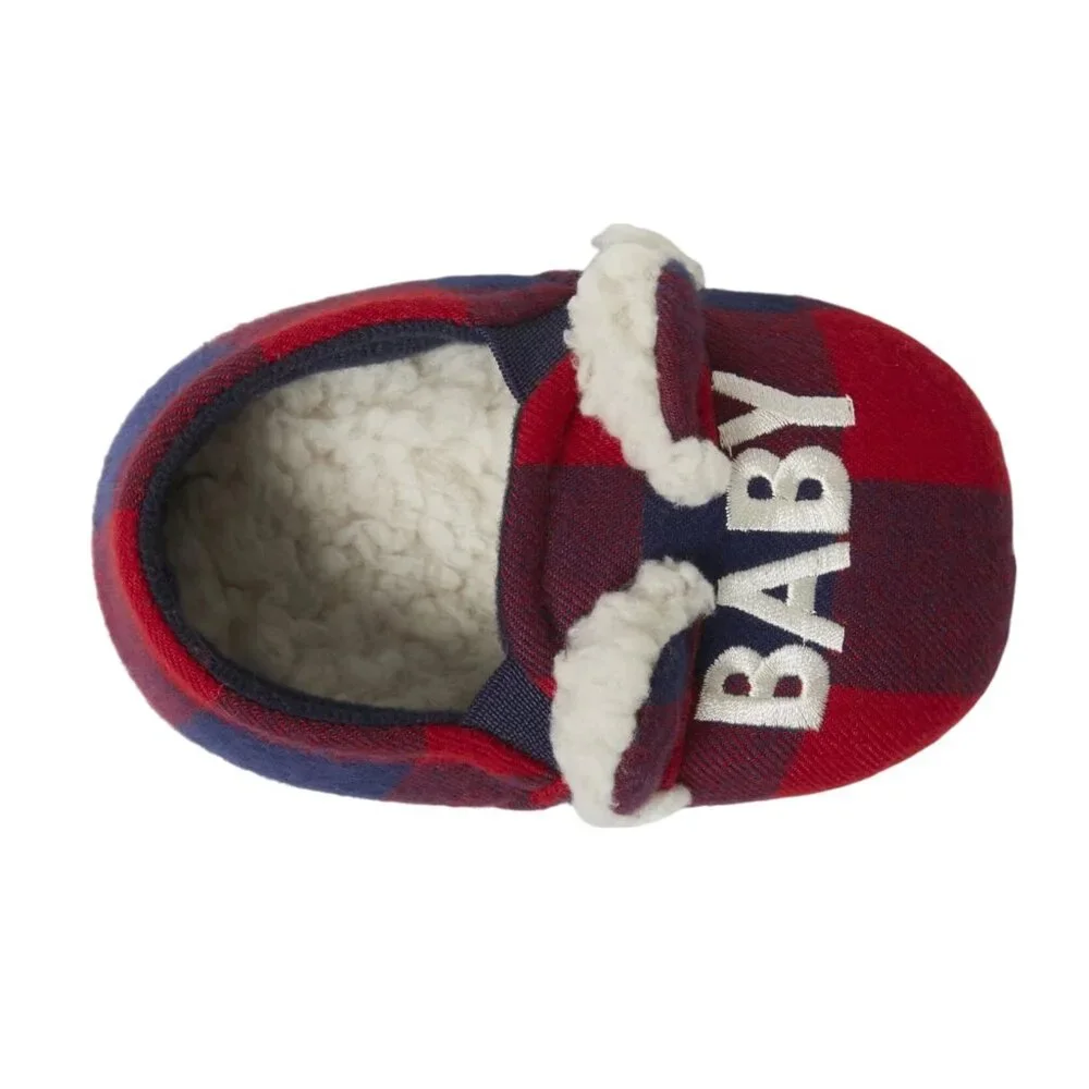 Dearfoams Cozy Comfort Baby Size 3/4 Slippers Baby Bear Plaid Flannel Lining